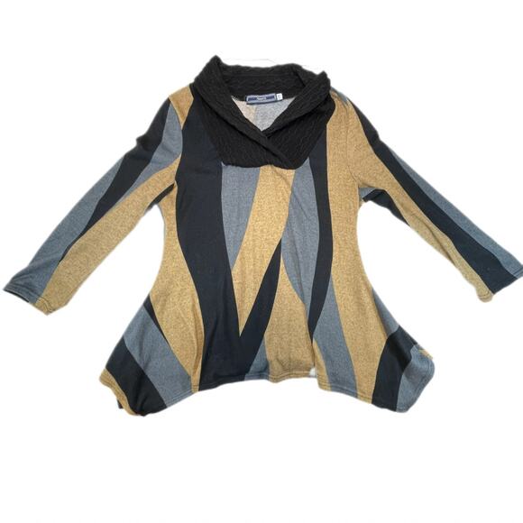 Highness Cowl Neck Tunic Sweater Abstract Print Beige Black Grey Women's L/XL - Picture 4 of 7